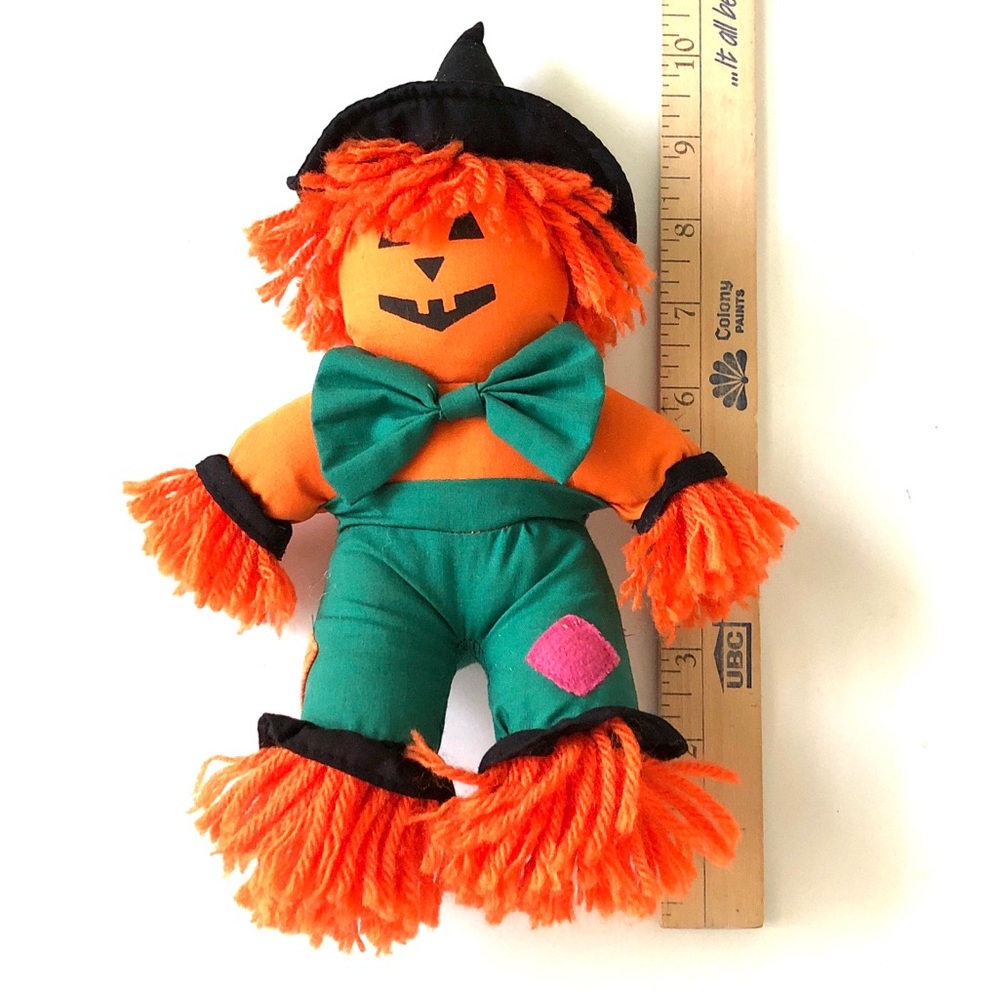 Kids Orange Halloween Pumpkin Scarecrow Plush Toy with Green Outfit - Picture 4 of 5